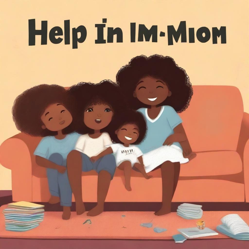 This high-quality digital art book cover for 'Help! I'm (single) mom' portrays an almost asleep, tired mother seated on a sofa