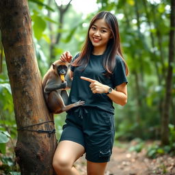 A beautiful Asian woman wearing black sneakers and short pants, standing in a forest