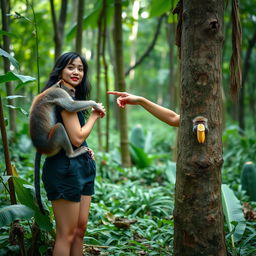 A beautiful Asian woman wearing black sneakers and short pants, standing in a forest