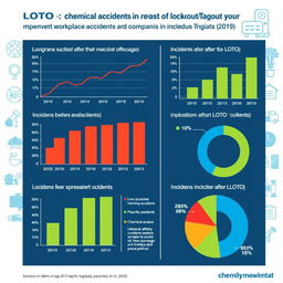 An infographic featuring charts and graphs that specifically illustrate the reduction of workplace accidents in chemical companies due to the implementation of the LOTO (Lockout/Tagout) system