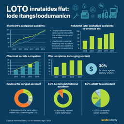 An infographic featuring charts and graphs that specifically illustrate the reduction of workplace accidents in chemical companies due to the implementation of the LOTO (Lockout/Tagout) system