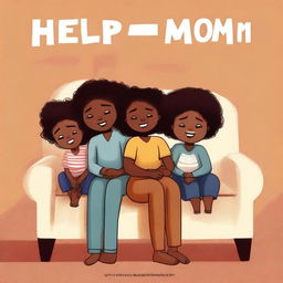 This high-quality digital art book cover for 'Help! I'm (single) mom' portrays an almost asleep, tired mother seated on a sofa