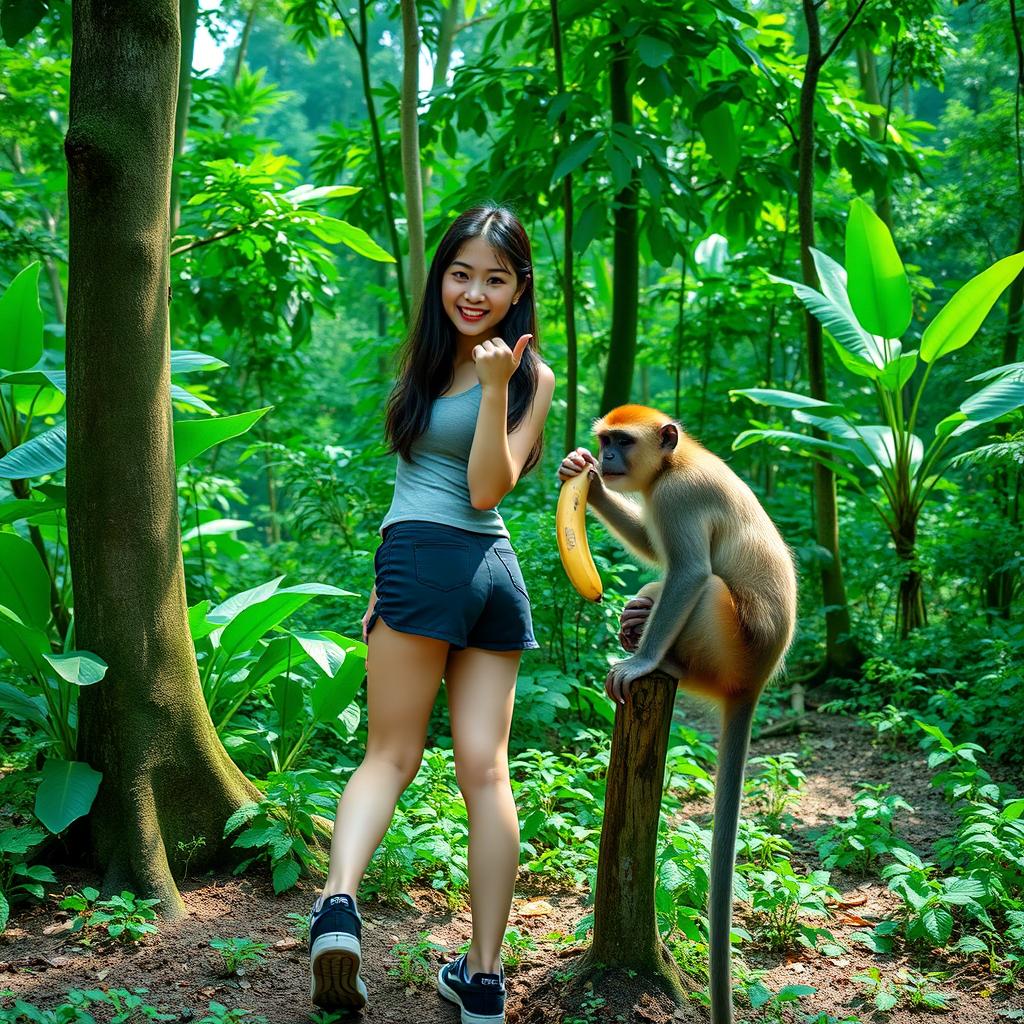 A beautiful Asian woman wearing black sneakers and shorts standing in a lush, green forest next to a tree