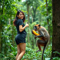 A beautiful Asian woman wearing black sneakers and shorts standing in a lush, green forest next to a tree