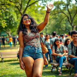 A scene depicting a confident Indian woman with large, strong thighs, enjoying a carefree moment in a busy park