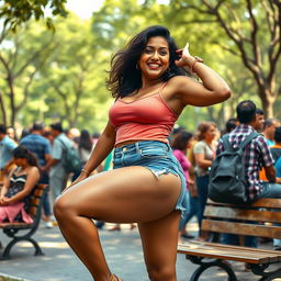 A scene depicting a confident Indian woman with large, strong thighs, enjoying a carefree moment in a busy park