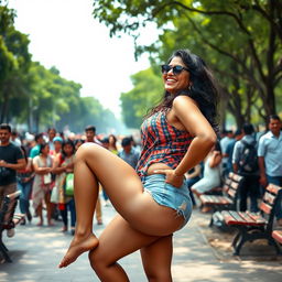 A scene depicting a confident Indian woman with large, strong thighs, enjoying a carefree moment in a busy park