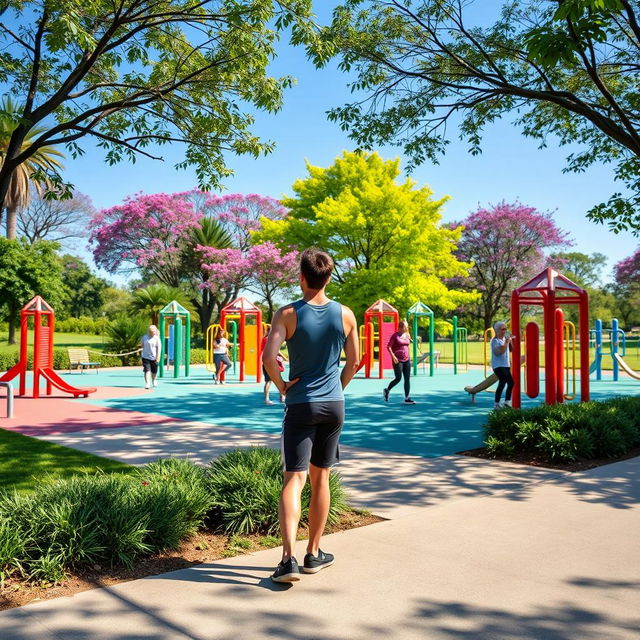 A serene scene featuring a person admiring a vibrant calisthenics park filled with colorful fitness equipment