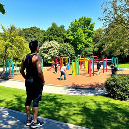 A serene scene featuring a person admiring a vibrant calisthenics park filled with colorful fitness equipment