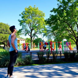 A serene scene featuring a person admiring a vibrant calisthenics park filled with colorful fitness equipment