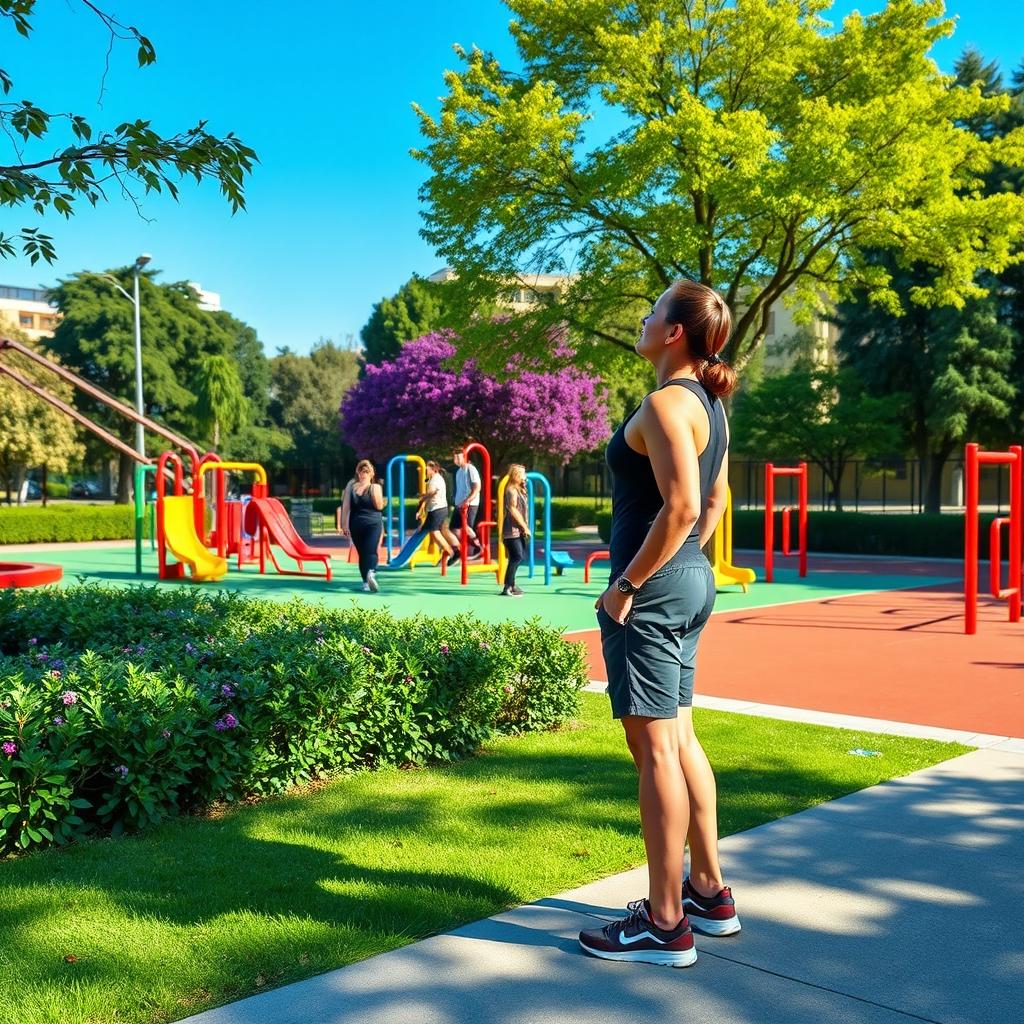 A serene scene featuring a person admiring a vibrant calisthenics park filled with colorful fitness equipment