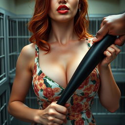 A close-up shot focusing on the chest and torso of a stunning redhead woman, wearing a floral patterned sundress that accentuates her large chest and cleavage