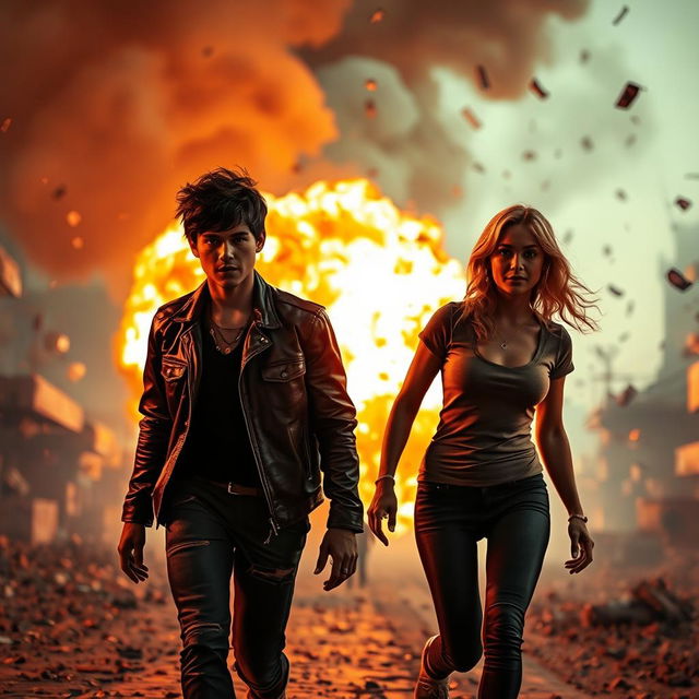 A dynamic scene capturing two friends bravely walking away from a massive explosion, illuminated by fiery orange and red hues