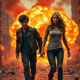 A dynamic scene capturing two friends bravely walking away from a massive explosion, illuminated by fiery orange and red hues