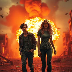A dynamic scene capturing two friends bravely walking away from a massive explosion, illuminated by fiery orange and red hues