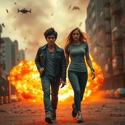 A dynamic scene capturing two friends bravely walking away from a massive explosion, illuminated by fiery orange and red hues