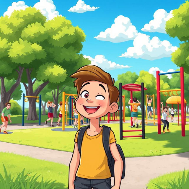 A colorful and vibrant animated illustration of a person admiring a calisthenics park