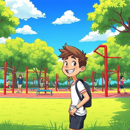 A colorful and vibrant animated illustration of a person admiring a calisthenics park