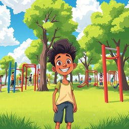 A colorful and vibrant animated illustration of a person admiring a calisthenics park