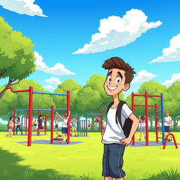 A colorful and vibrant animated illustration of a person admiring a calisthenics park