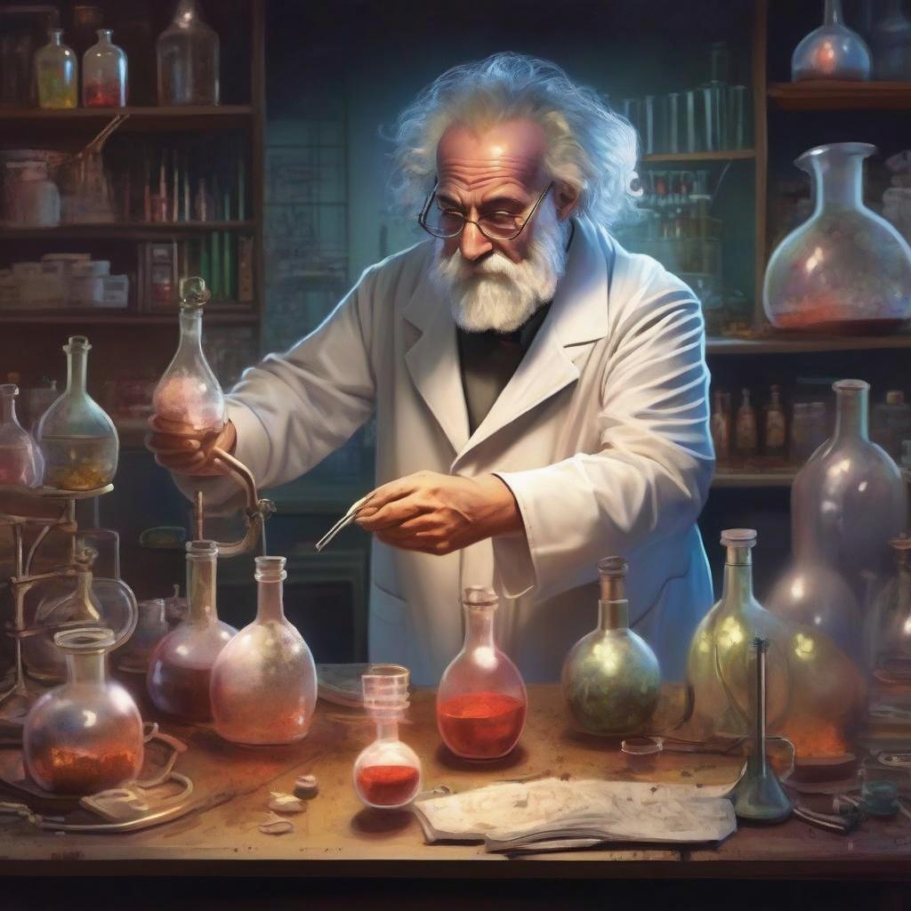 An elderly scientist with wild, white hair and thick glasses, wearing a classic white lab coat, carefully pouring a vibrant red liquid from a glass flask into another beaker