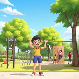 A lively and bright animated illustration of a person appreciating a calisthenics park