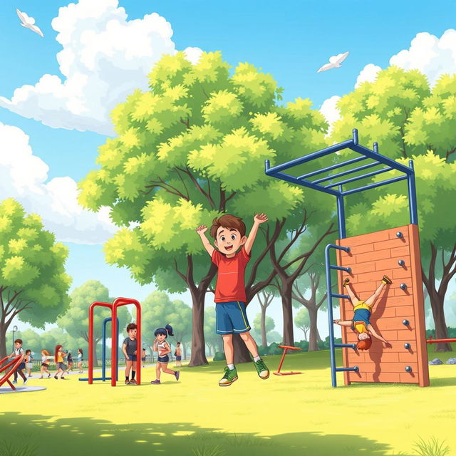 A lively and bright animated illustration of a person appreciating a calisthenics park