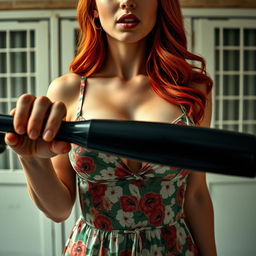 Close-up on the chest and torso of a gorgeous female with vibrant red hair, wearing a floral pattern sundress that accentuates her large chest and reveals some cleavage