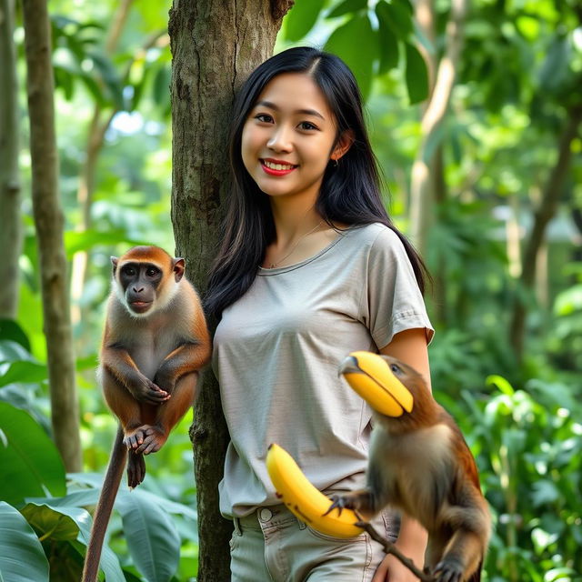 A beautiful young Asian woman wearing a t-shirt and shorts, standing beside a tree in a lush green forest