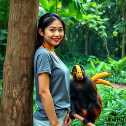A beautiful young Asian woman wearing a t-shirt and shorts, standing beside a tree in a lush green forest