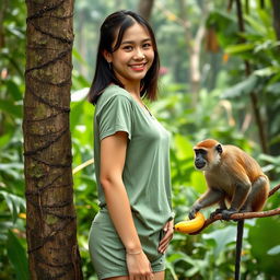 A beautiful young Asian woman wearing a t-shirt and shorts, standing beside a tree in a lush green forest