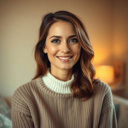 A woman aged between 30 to 45 years old with chestnut brown hair and a European appearance, dressed in a cozy sweater