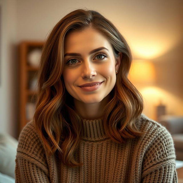 A woman aged between 30 to 45 years old with chestnut brown hair and a European appearance, dressed in a cozy sweater