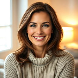 A woman aged between 30 to 45 years old with chestnut brown hair and a European appearance, dressed in a cozy sweater