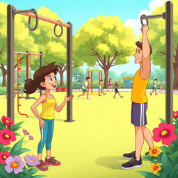 A lively animated illustration of a person in a calisthenics park engaging in conversation with an experienced athlete