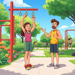A lively animated illustration of a person in a calisthenics park engaging in conversation with an experienced athlete