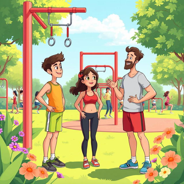 A lively animated illustration of a person in a calisthenics park engaging in conversation with an experienced athlete