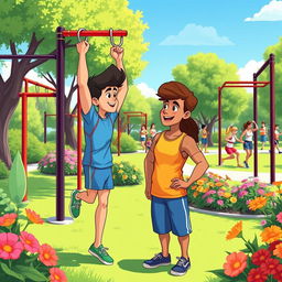 A lively animated illustration of a person in a calisthenics park engaging in conversation with an experienced athlete