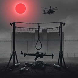 A dramatic scene depicting a gallows with chains and ropes on the sides, a machine gun lying on the ground, and bombs scattered nearby