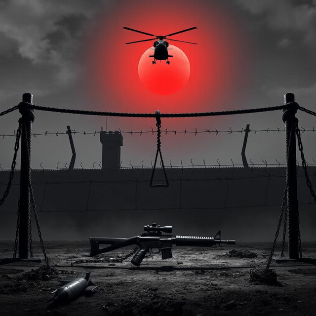 A dramatic scene depicting a gallows with chains and ropes on the sides, a machine gun lying on the ground, and bombs scattered nearby