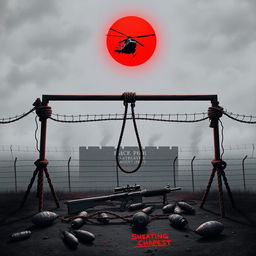 A dramatic scene depicting a gallows with chains and ropes on the sides, a machine gun lying on the ground, and bombs scattered nearby