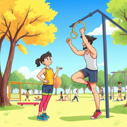 A lively animated drawing of a person in a calisthenics park, engaged in a friendly conversation with an experienced athlete