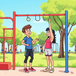 A lively animated drawing of a person in a calisthenics park, engaged in a friendly conversation with an experienced athlete