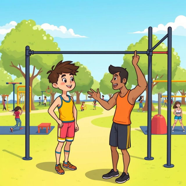 A lively animated drawing of a person in a calisthenics park, engaged in a friendly conversation with an experienced athlete