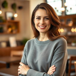 A woman aged between 30 to 45 years old with chestnut brown hair and a European appearance, dressed in a stylish and comfortable sweater