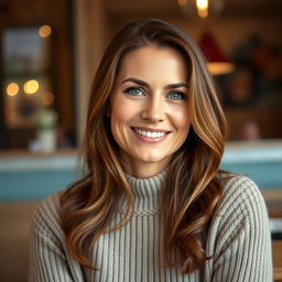 A woman aged between 30 to 45 years old with chestnut brown hair and a European appearance, dressed in a stylish and comfortable sweater
