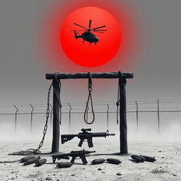 A stark scene depicting a gallows made of wood with chains and ropes on its sides