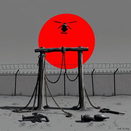 A stark scene depicting a gallows made of wood with chains and ropes on its sides