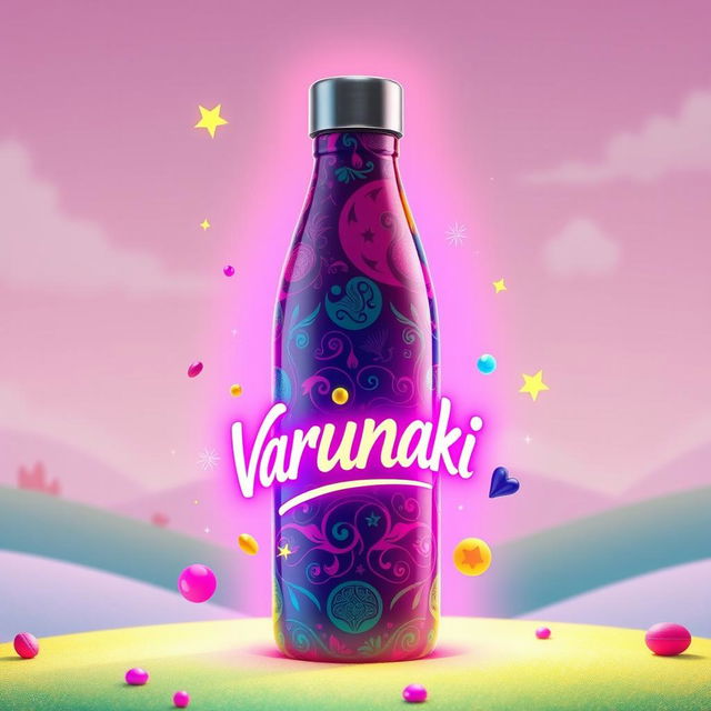 An imaginative and unrealistic thermal bottle with a vibrant and colorful design