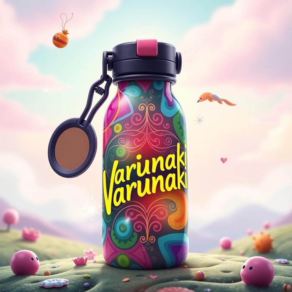 An imaginative and unrealistic thermal bottle with a vibrant and colorful design